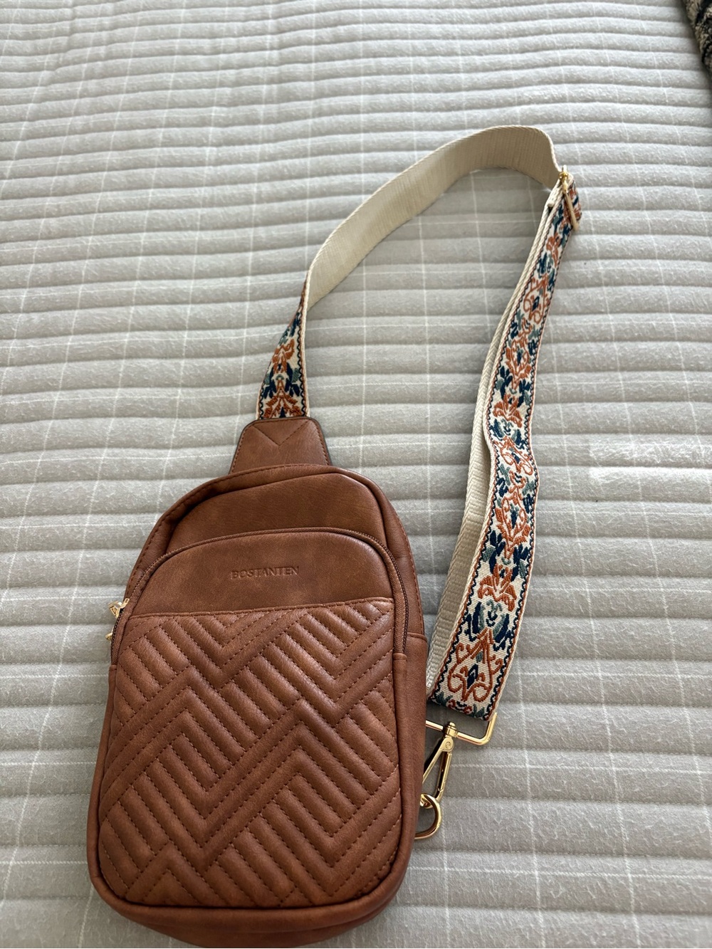Brown Quilted Crossbody Bag with Patterned Adjustable Strap